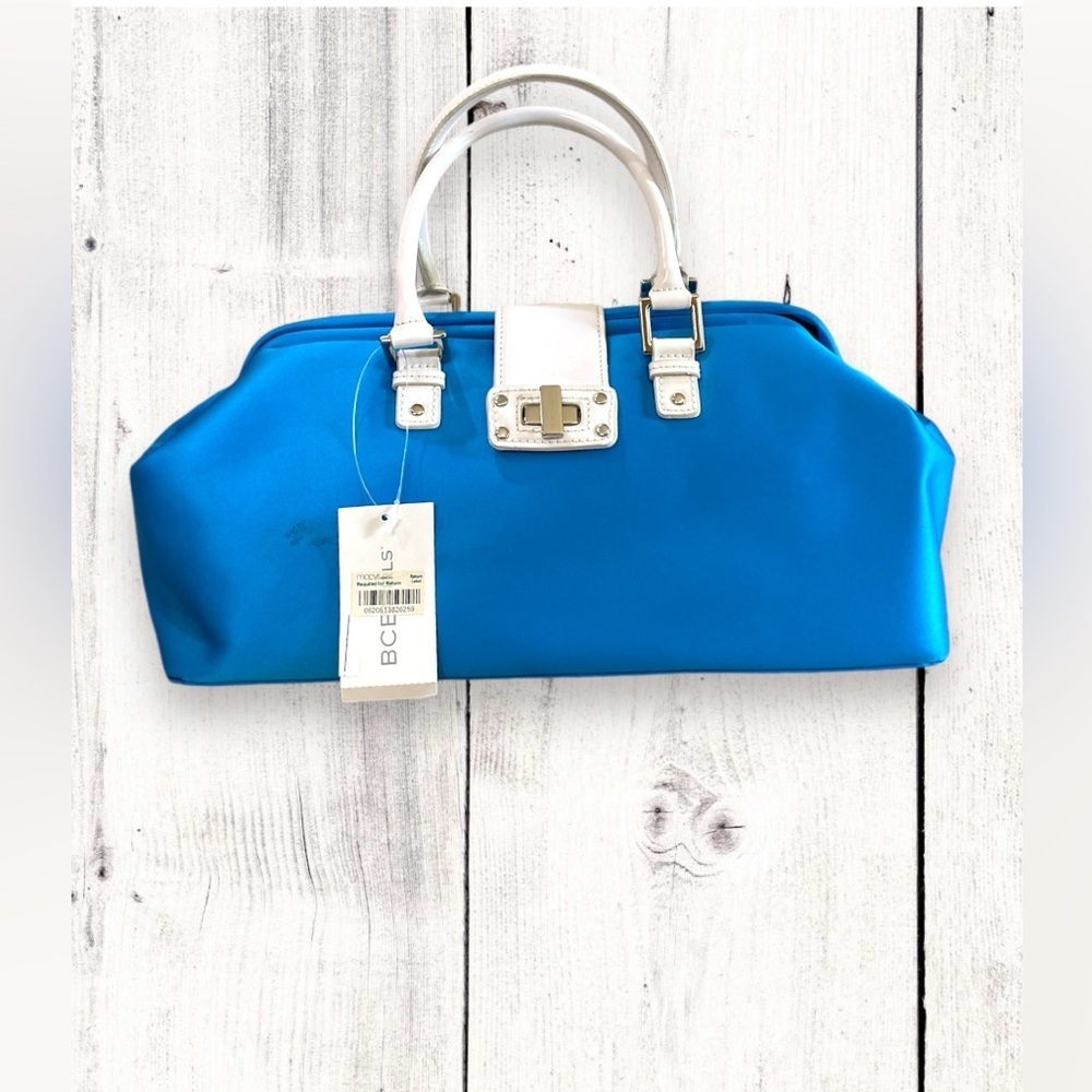 BCBG Girls Turquoise Blue Nylon & White Leather Buckle Handbag Satchel Y2k NWT